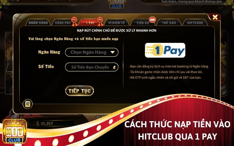 Cách thức nạp tiền Hit Club qua 1 pay.